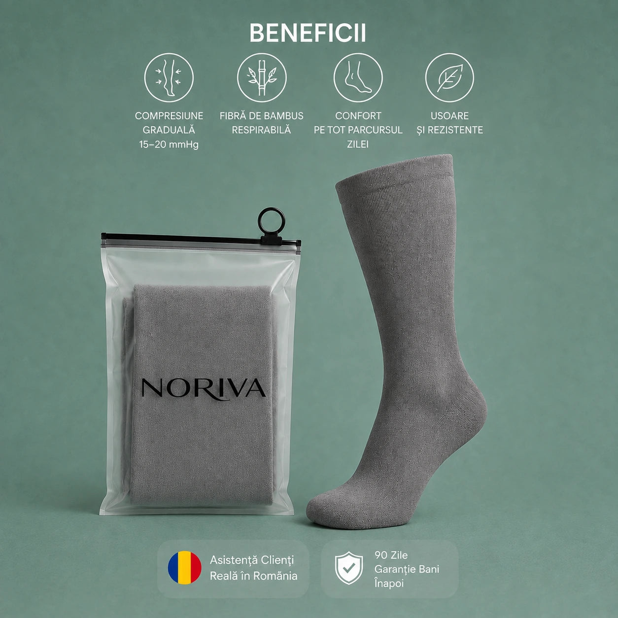 Șosete compresive Noriva: compresie gradată 15-20 mmHg și fibre de bambus respirabile