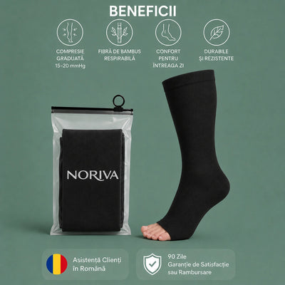 Șosete compresive Noriva fără vârf: compresie gradată 15-20 mmHg și fibre de bambus