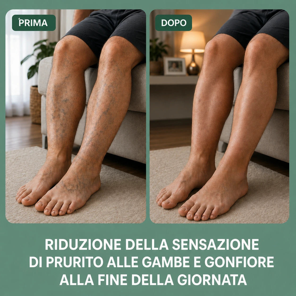 Prima e dopo: riduzione della sensazione di prurito alle gambe e del gonfiore a fine giornata